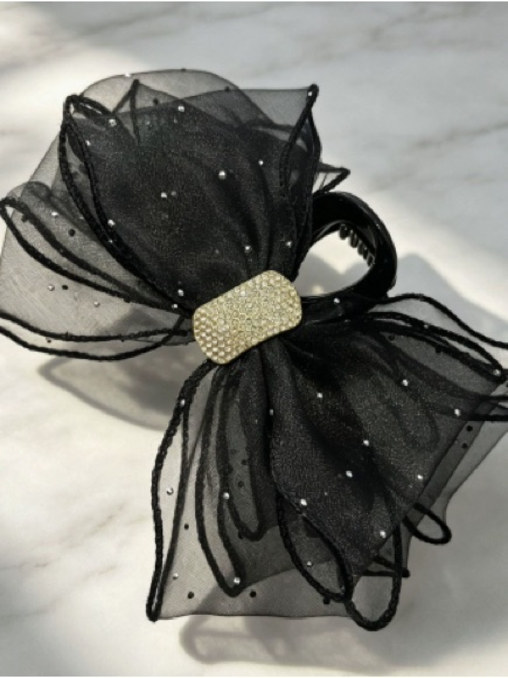 Black Sheer Bow Hair Clip with Crystal Center